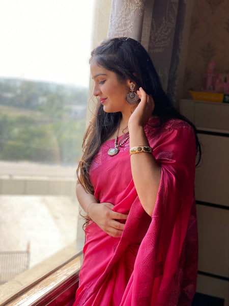 Pink Phulkari Saree