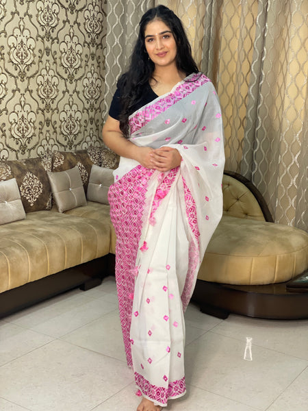 justphulkari.com white and pink saree