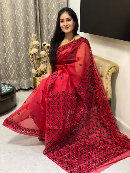 JustPhulkari Red Saree