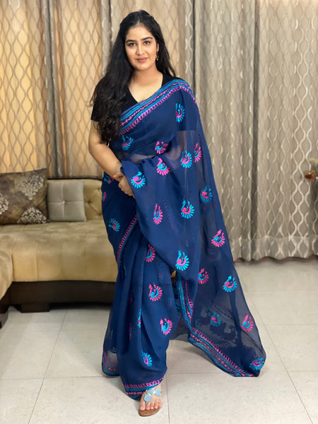 Peacock Motif Hand Embroidered Phulkari Saree